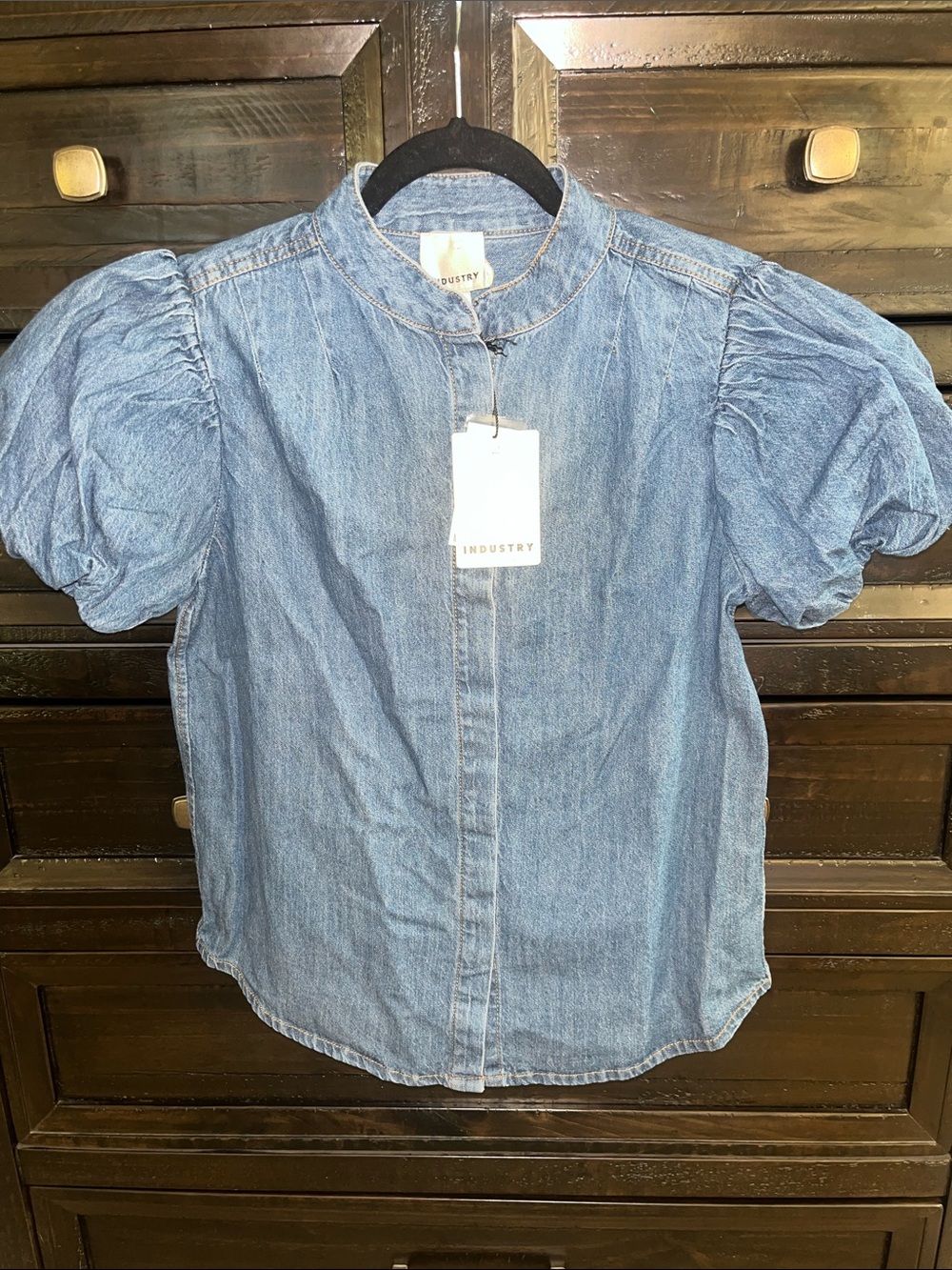 INDUSTRY Puff Sleeve Denim Button-Down Top in Light Blue